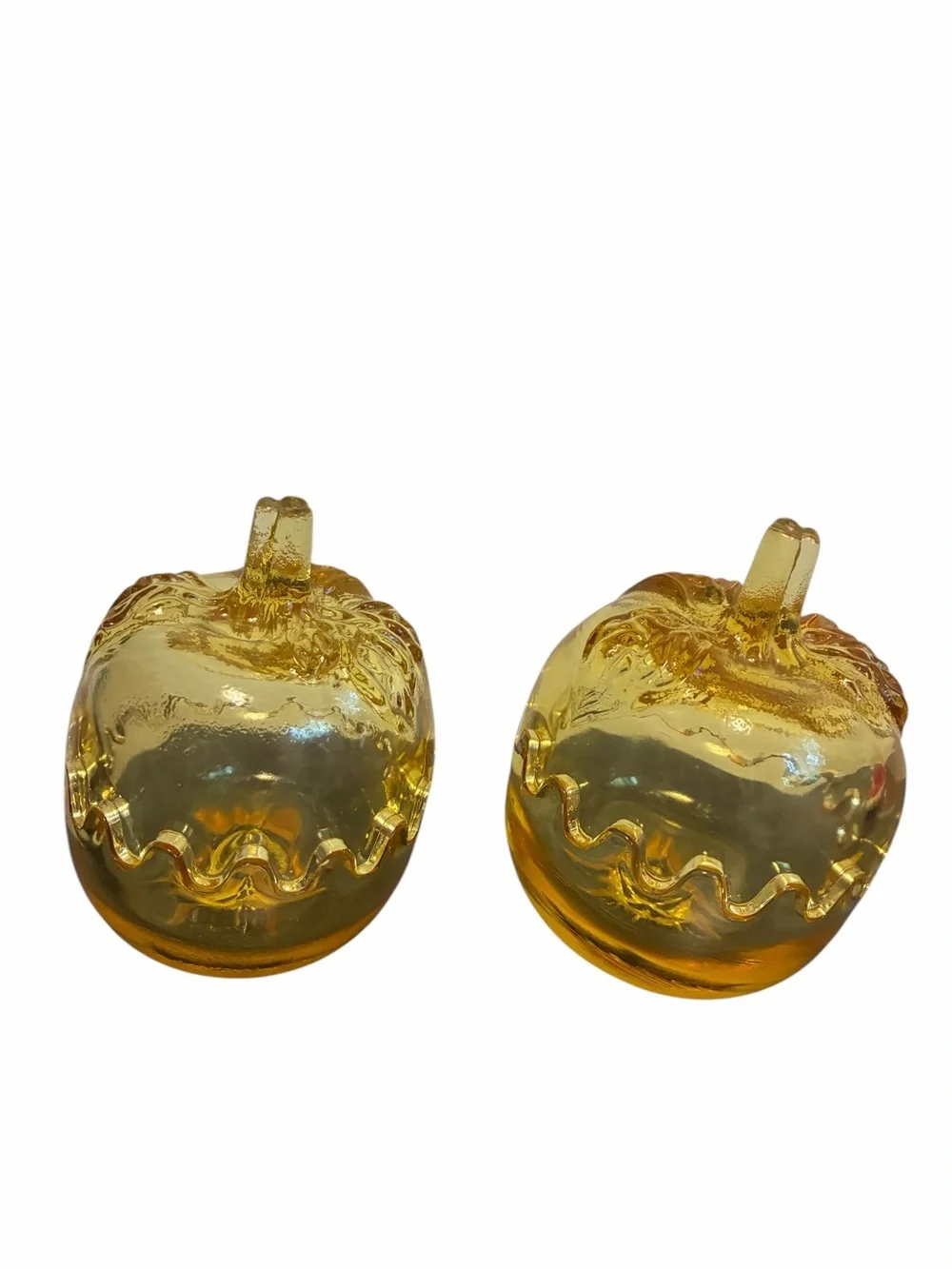 Vintage Amber Glass Pumpkin Candy Dish Set Scalloped Edge Fall Decor 2pc Yellow